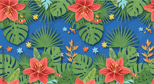 Tropical floral pattern with colorful leaves and flowers on blue background