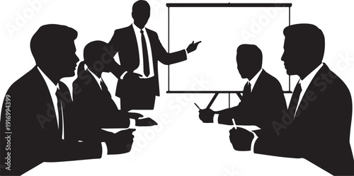 Five businessmen in suits discussing around a table with a presentation screen