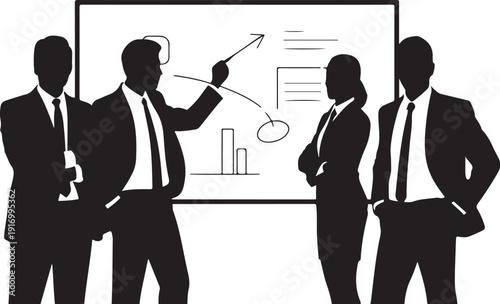Four business people standing in front of a whiteboard with diagrams