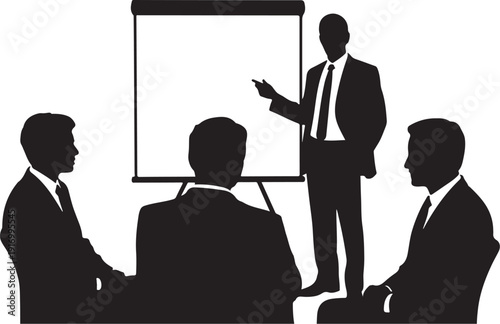 Four men in suits discussing near a flip chart business