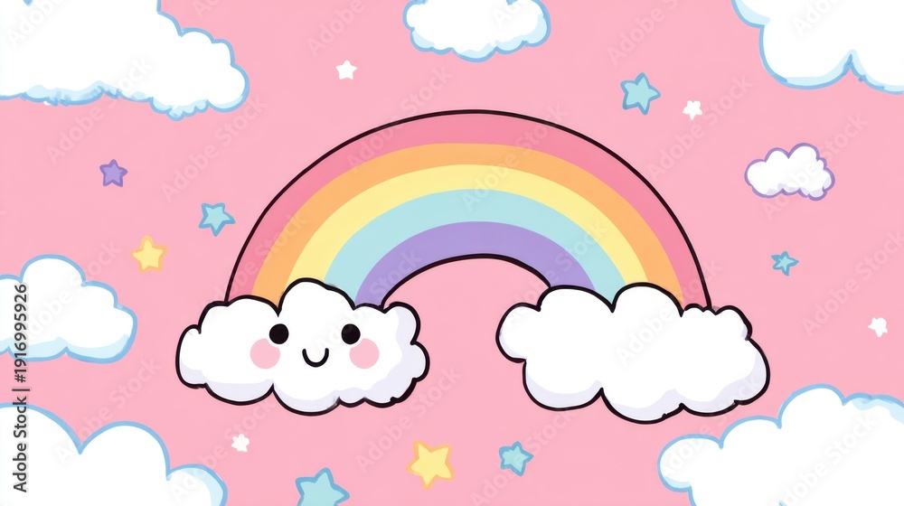 Fototapeta premium Cute kawaii rainbow and clouds on pink background.