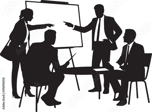 Group of people discussing around a table with a flip chart