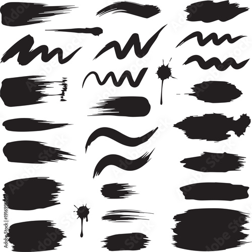 Collection of black brush strokes and splatters on white background
