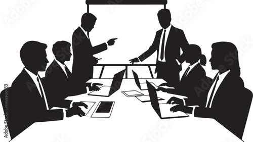 Group of people in business meeting around a table with laptops and documents