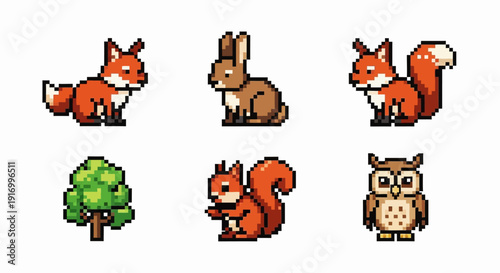 Pixelated forest animals fox rabbit squirrel owl and tree illustrations