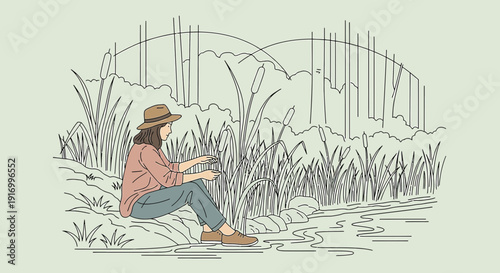 Woman in Hat Sitting by River, Peaceful Nature Scene, Sketchy Illustration