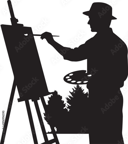 Silhouette of artist painting on easel with trees