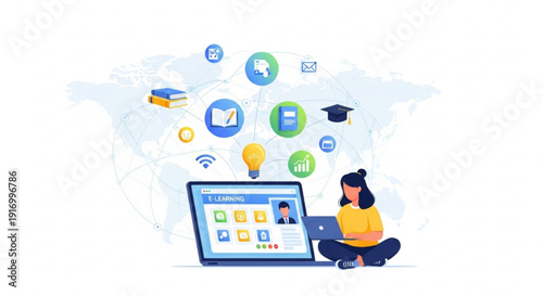 A woman sitting cross-legged on the floor with a laptop and tablet surrounded by e-learning icons on a transparent background