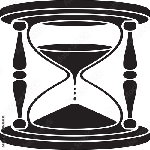 Illustration of a black hourglass with sand running through the narrow passage on a white background