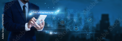 Photography Businessman using smartphone to find and analyze lead generation data, digital m