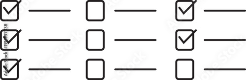 Minimal checklist icon set with checked and unchecked boxes. Simple black line style vector isolated on white background. Suitable for task management, to do list, productivity and UI design.