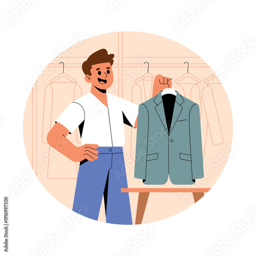 A man in a white shirt and blue pants holding up a green suit jacket in a clothing store