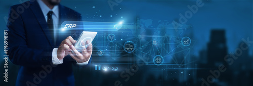 Photos Businessman using smartphone to find and analyze ERP data, enterprise resource p