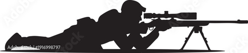 Silhouette of a sniper lying prone with a rifle and scope