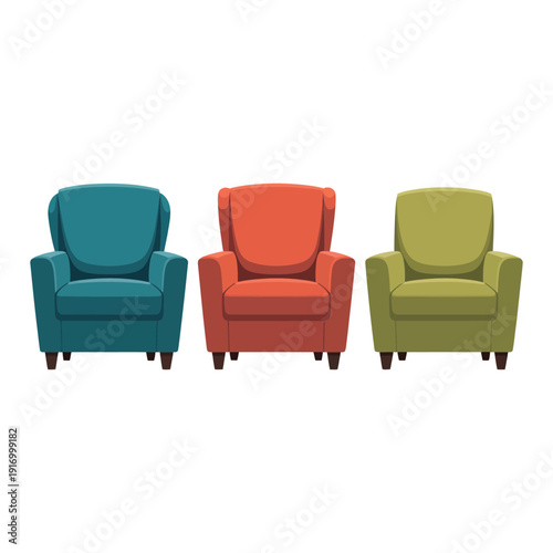Three colorful armchairs in a row on a white background