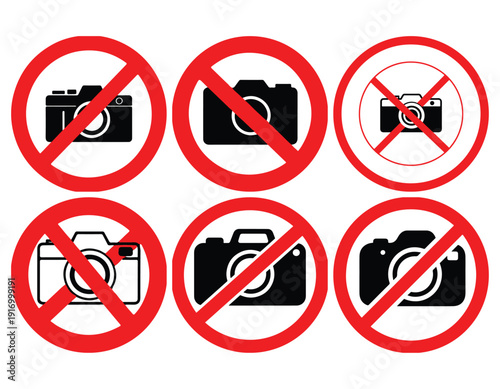No Photography Sign Set with Camera Prohibition Symbols Vector