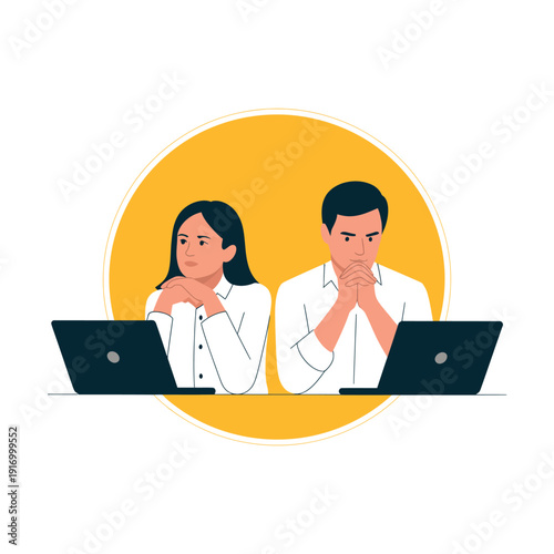 Two colleagues sitting at laptops looking concerned and stressed in a meeting