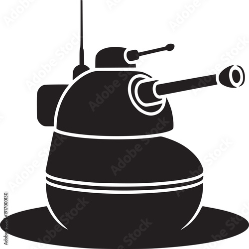 Silhouette illustration of a black tank with a turret and antenna on a white background art design