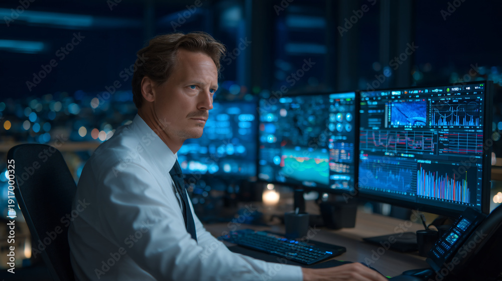 Fototapeta premium A man working at multiple computer screens displaying data and graphs.