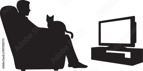 Silhouette of man sitting in armchair with cat on lap and television