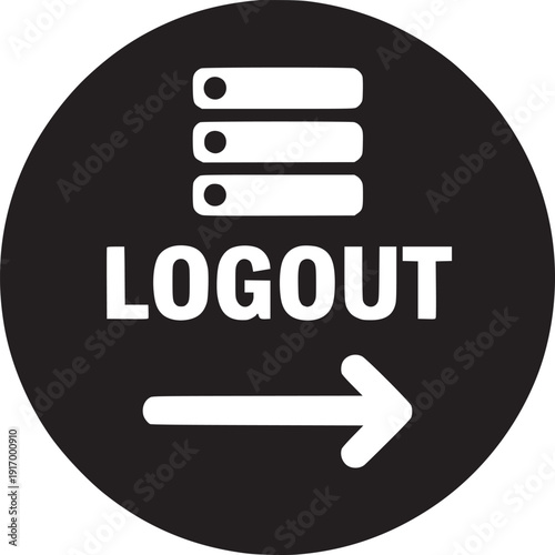 A black circle with three horizontal lines logout text and an arrow pointing to the right side