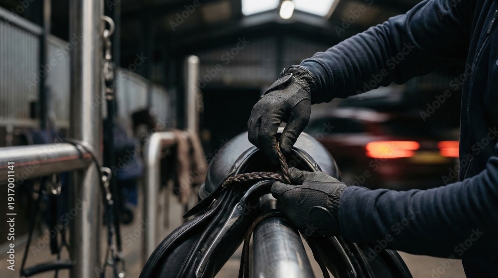 Naklejka premium Equestrian Preparing Horse Saddle in Stable