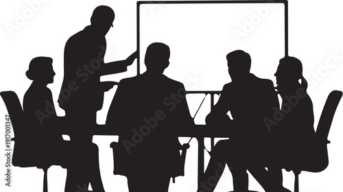 Silhouette of people in a business meeting with a whiteboard