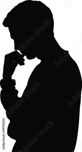 Silhouette of a man in deep thought on white background