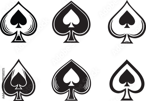 Six spade suit symbols in various orientations and colors