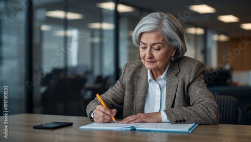 Elderly woman writing in notebook while sitting at desk in office  