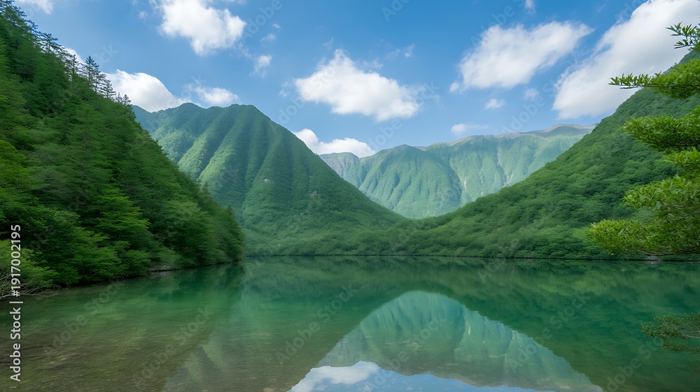 Fototapeta premium Serene Mountain Lake Reflection â€“ Lush Green Valley Landscape with Clear Blue Sky