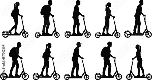 Scooter rider silhouettes, urban transport icons, kick scooter artwork, mobility clipart, lifestyle design, eco travel illustration, commuting graphics, outdoor activity set