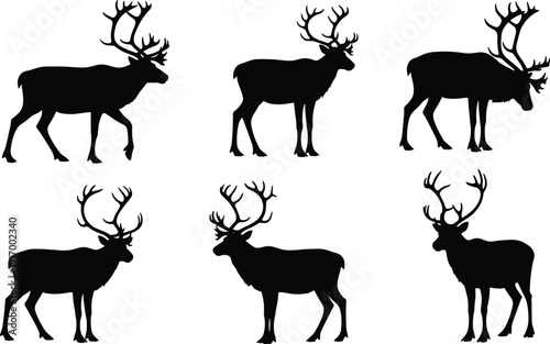 Reindeer silhouette collection, animal vector icons, antler artwork, wildlife clipart, nature illustration, mammal design, zoology graphics, species study, winter pattern
