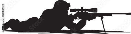 Silhouette of person lying prone with sniper rifle