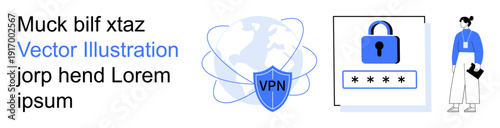 Online privacy, cybersecurity, data protection, remote work, secure access, global connectivity. VPN shield with globe, password lock and professional figure. Online privacy and cybersecurity