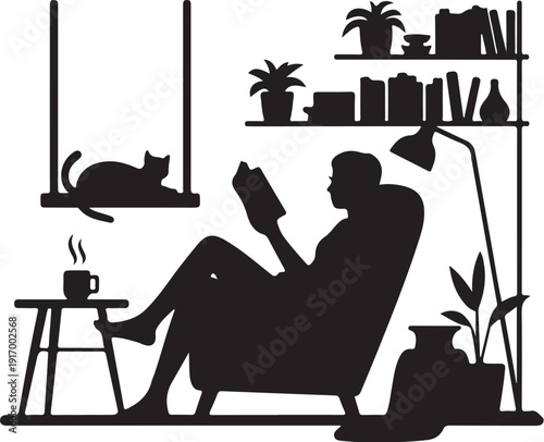 Silhouette of person reading book with cat on windowsill and coffee table