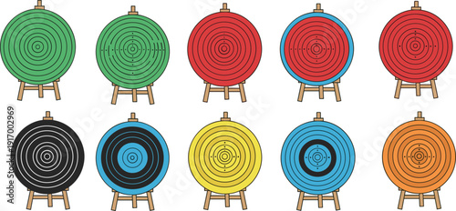 Vector illustration of colorful archery targets with concentric rings, wooden stands, arrow hits showing accuracy precision sports design motifs