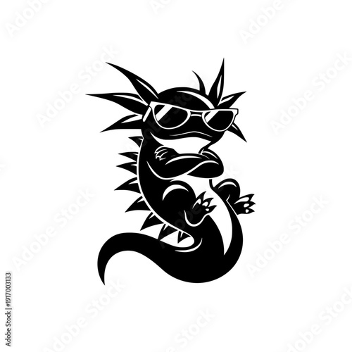 black axolotl silhouette character with sunglasses, funny cool amphibian animal illustration isolated on white background in modern minimal design.