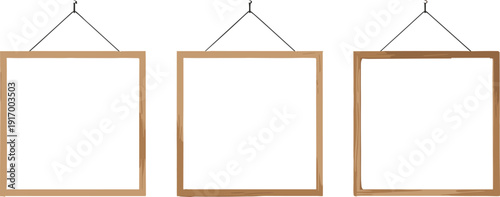 Vector illustration of empty wooden picture frames hanging on strings, square shapes, textured wood decorative interior design display motifs