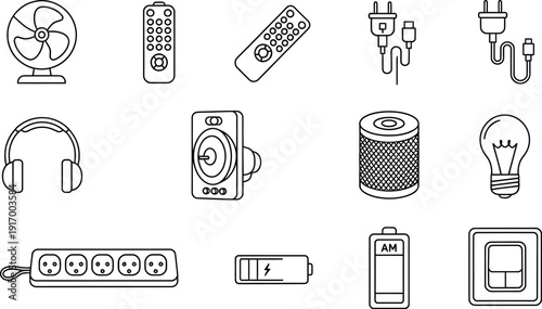 Collection of simple black line icons depicting various electronic household devices and essential power accessories used in modern life