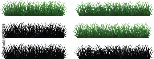 Vector illustration of grass patches in green and black silhouette styles with varied blade shapes, densities, decorative design motifs