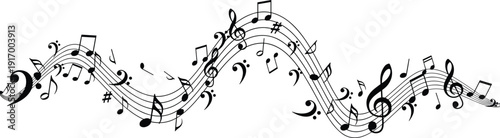 Black vector illustration of musical staff with notes, treble and bass clefs, flowing wave rhythm decorative artistic design motifs