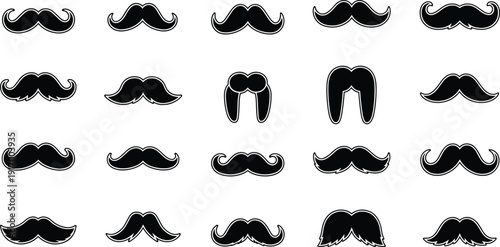Black vector illustration of diverse mustache silhouettes with curled, bushy, narrow styles, facial hair aesthetics, decorative design motifs