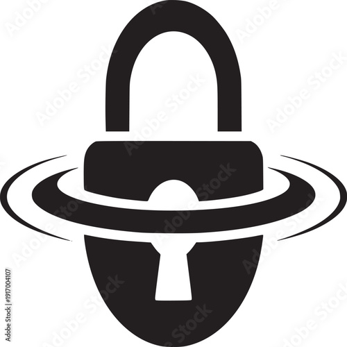 Black and white graphic of a padlock with a keyhole and rings around it on a white background