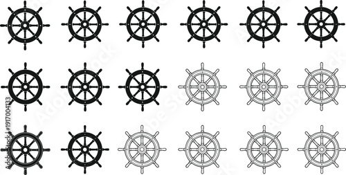 Black vector illustration of nautical ship wheels with eight spokes, solid and outlined styles, maritime steering decorative design motifs