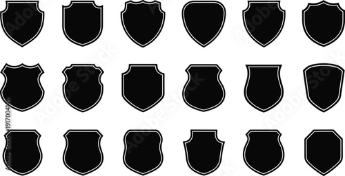 Black vector illustration of shield silhouettes with diverse shapes, emblem designs for logos, badges, awards, security decorative motifs