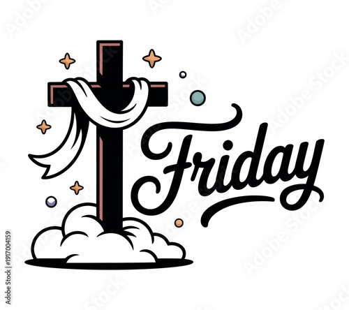 A Good Friday graphic design featuring a cross on a cloud with the word Friday written in cursive