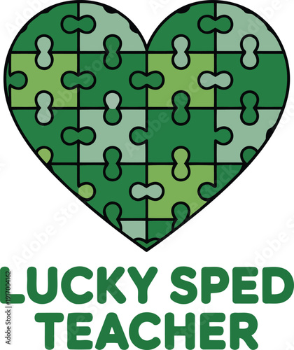 Green heart shape made from puzzle pieces with text lucky sped teacher below it