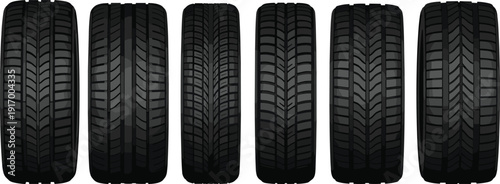 Black vector illustration of car tires with distinct tread patterns showing grooves, traction, water dispersion, performance driving design motifs