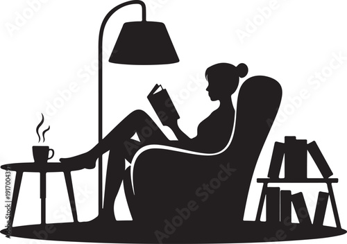 Silhouette of woman reading book in armchair with lamp and coffee